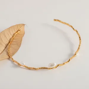 Choker Allme Dainty Oval oryginalna perła słodkowodna dla kobiet 18K prawdziwy złoty plaster mosiężny młotek otwarty naszyjnik