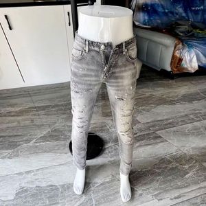 Jeans Masculino High Street Moda Masculino Retro Cinza Elástico Slim Rasgado Bordado Patchwork Designer Hip Hop Marca Calças Hombre