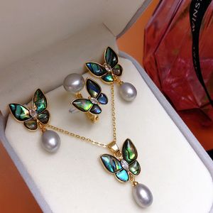 Wedding Jewelry Sets one set freshwater pearl abalone shell white black pink purple rice ring earrings pendant butterfly 230729