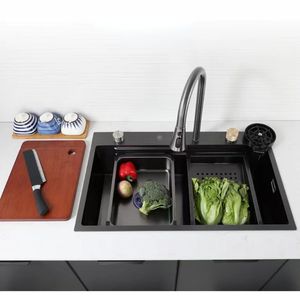 Lavello a cascata in acciaio inossidabile Cucina Topmount Nero Nano Lavabo Singolo creativo