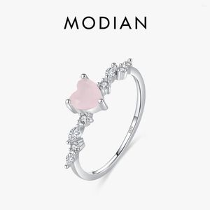Clusterringe MODIAN 925 Sterling Silber Eleganter rosa Kristall Herz Finger für Frauen Geburtstag Romantisches Geschenk Edles Schmuckzubehör