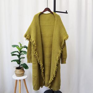 Kvinnors tröjor Green Color Tassel Knitting Kvinnor Lång Cardigan Fullärmar Löst Casual Strechy Jumper Y2K kläder
