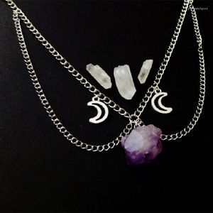 Choker Purple Raw Crystal Moon Chain Witch Necklace Punk Gothic Pendant Grunge Jewelry Wiccan Women Gift Fashion Statement Goth