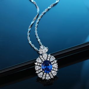 Europeiska och amerikanska S925 Sterling Silver Necklace Oval Sapphire Pendant Full Diamond Collone Chain High-End Party Jewelry