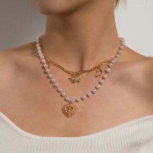 Pendant Necklaces Orgin Summer Delicate Multilayer Pearl Love Heart Cross Necklace For Women French Butterfly Hollow Jewelry