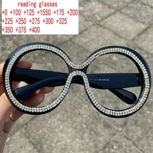 Solglasögon Fashion Rhinestone Farsighted Reading Glasses Women Black Round Anti Blue Light Recept Computer Diopter XN