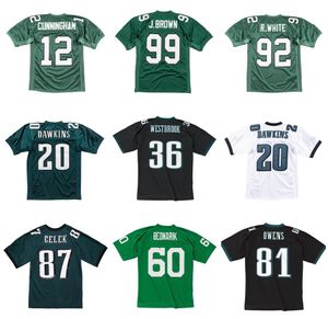 Genähtes Fußballtrikot 12 Randall Cunningham 92 Reggie White 99 Jerome Brown 7 Vick 60 Bednarik 17 Carmichael 66 Bergey 1960-2009 Mesh-Retro-Rugby-Trikots S-6XL