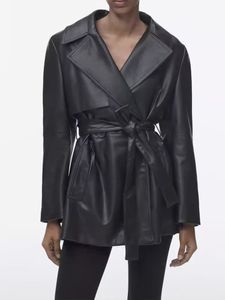 Женские куртки одежда ретро модная тонкая талия черная искусственная кожа с длинным рукавом короткий пластик 230729