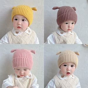 Vinter varm baby stickade hattar för pojkar flickor barn barn beanie fasta färg öron barn småbarn mössa mjuk motorhuv