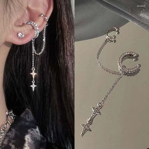 Schiena orecchini argento lucido colore cristallo croce stella nappa clip orecchio per le donne strass alla moda lungo falso cartilagine piercing gioielli polsino