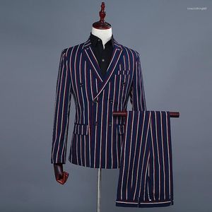 Herrdräkter 2023men's Colorful Double Stripes (Suit Western Pants) Brudgum och man klänning Breasted Show Host Emcee Two-Piece Set