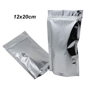 100 PCS 12x20cm Silver Stand Up Aluminum Foil Food Storage Packing Bag for Coffee Tea Powder Mylar Foil with Zipper Packing Pouche230U