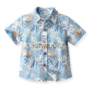 Çocuk Gömlek Yaz Gömlek Erkek Gömlek Açık Mavi Baskılı Bluz Plajı Kısa Kollu Bebek Günlük Erkek Gömlek Çocuklar İçin Yarım Yaka Üst X0728