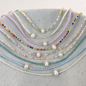 Choker Allme Böhmen Multicolor Natural Stone Strand Beaded Necklace For Women Real Freshwater Pearl Beach Jewelry