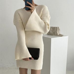 Casual Dresses Knitted Solid Dress Warm Korean Autumn Thick Sweater Women Vintage 2023 Winter Clothing Elegant Bodycon Vestidos