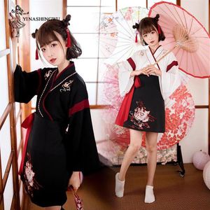 民族服日本の着物の女性2pcsセットブラックホワイトトップ猫刺繍スカートアジアゆけハオリコスプレパーティーコスチューム205s