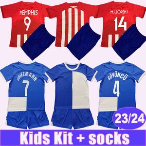 2023 24 KOKE Kids Kit Camisas de Futebol GRIEZMANN MEMPHIS CORREA MOLINA REINILDO R.DE PAUL Home Vermelho e Branco Away Criança Terno Camisas de Futebol Uniformes