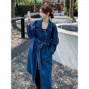 Trench Coats Feminino Jaquetas Denim Para Mulheres 2023 Primavera Outono Solto Casual Magro Longo Sobre o Joelho Casaco Epaulets Cinto Dividido nas Costas Manto