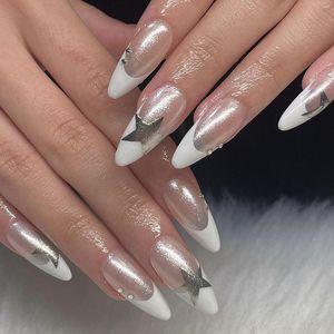 False Nails Wearable Silver Stars Almond With Designs Diamond Y2k Fake Glitter Press On Round Nail Art Manicure Tips