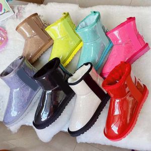 Designer Australian Classic PVC Clear Waterproof Mini Boots Australien Kvinnor Winter Winter Snow Fur Furry Girls Kid Satin Boot Ankle Men Booties Snows