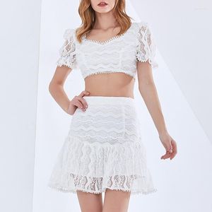 Women's Blouses Fashion Clothing Solid Two Piece Sets For Women V Neck Puff Sleeve Tops High Waist A Line Skirts Lace Set Female