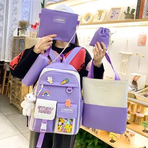 School Bags 5pcsset Travel Bookbags Simple Fashion Women Student Backpack Large Capacity Portable Casual Cute Teenage Girls Bag 230729