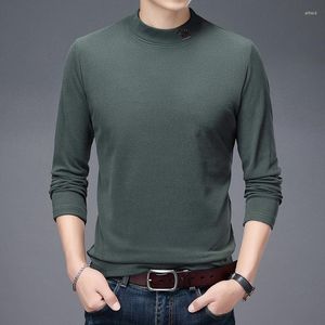 Herrtröjor 2023 Autumn Winter Mock Neck broderi mode fast färg förtjockad fleece pullover manlig smal varm botten skjorta