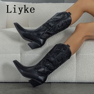 Boots Liyke Big Size 42 43 Western Style Cowboy Boots For Women Fashion Embroider Leather Autumn Winter Low Heels Long Shoes Booties 230729