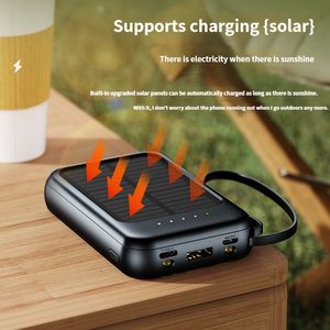 Solar Power Bank 20000ma med kablar LED -lampor bärbar laddare Auxiliary Externt batteri för alla smartphones mobiltelefon