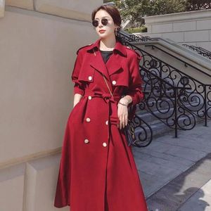 Women's Trench Coats Autumn Women Mid-Length Coat With Belt Lapel Double-breasted Wine Red Black Elegant Female Windbreaker Windproof