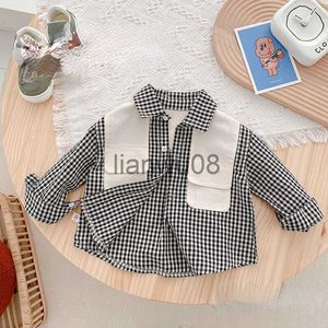 Kids Shirts Spring autumn unisex baby patchwork plaid shirt kids Korean style casual shirts x0728