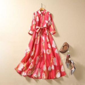 2023 Autumn Multicolor Floral Print Belted Dress 3/4 Sleeve Lapel Neck Buttons Long Maxi Casual Dresses A3Q191341 Plus Size XXL