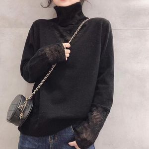 Women's Sweaters 2023 Arrival Autumn Women Turtleneck Collar Lace Patchwork Pullover Loose Casual Knitted Long Sleeve Sweater P767