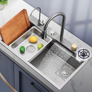 Waterfall Sink Kitchen Raindance 304 Rostfritt stål Nano Topmount Sink Stora Single Slot Wash Basin Bowl Drain Accessories Set