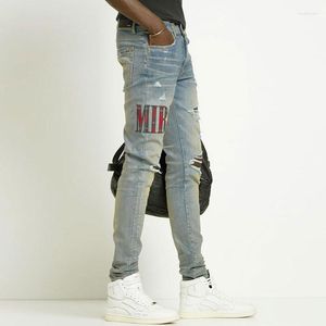 Jeans da uomo Street Fashion Uomo Retro Giallo Blu Elastico Skinny strappato Patch ricamato Designer Hip Hop Pantaloni di marca Hombre