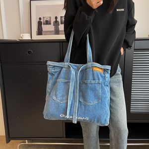 Factory wholesale ladies shoulder bags 3 colors street trend denim tote bag large-capacity wear-resistant canvas handbag simple letter embroidered backpack 12886#