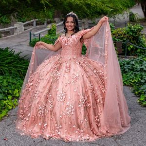 Pembe Parlak Quinceanera Elbiseler Balo Elbise Cape Aplike Kristal 3dflower Tatlı 16 Elbise Doğum Günü Partisi Vestidos de 15