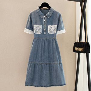 Fat MM300 Jin Lace Patchwork Denim Dress 2022 Летнее свободное и стильное похудение крупная женская юбка для A-Line