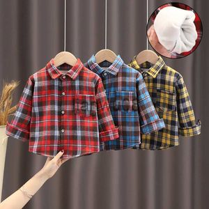 Barnskjorta Ins Hot Sale Baby Boys Shirts Classic Casual Plaid Flanell Barnkläder för 05 år Höst Winter Velvet Warm Kids Wear X0728