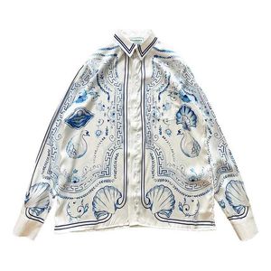 High quality button up shirt CASABLANCA swan marble white print men's and women's loose and versatile silk long sleeved shirt