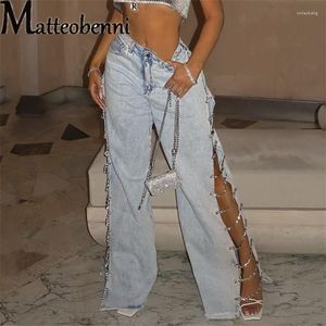 Jeans Feminino Fashion Diamond Multi-chain Splicing Feminino Sexy Calças Flare de Perna Baixa Cintura Larga Calças Jeans Tendência Streetwear