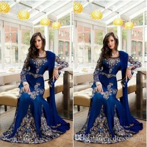 2017 Royal Blue Luxury Crystal Muslim Arabic Evening Dresses With Applique Lace Abaya Dubai Kaftan Long Plus Size Formal Evening G314V