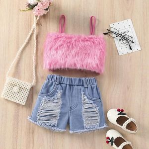 Clothing Sets FOCUSNORM 1-6Y Kids Girls Summer Clothes Sleeveless Fur Camisole Tops High Waist Ripped Denim Shorts Set