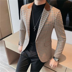 Men's Suits Blazers High Quality Suit Men's British Style Slim Elegant Fashion Business Casual Dress Tuxedo Spliced Collar Plover Case Blazer Jacket 230729