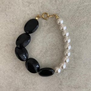 Strand JICAI 2023 Korean Designer Brand Bracelet Oval Agate Stone Pearl Black And White Patchwork Color Jewelry For Women