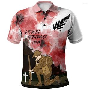 Polos masculinos Camisas de verão femininas para homens Zealand Anzac We Will Remember Them Polo impresso em 3D de manga curta T tops soltos Masculino