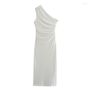 Casual Dresses YENKYE Elegant Women White Draped Asymmetric Midi Dress Party Vestidos