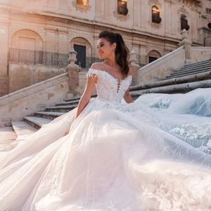 Pizzo lungo Tulle Ball Gown Abiti da sposa Moda Appliques Corte dei treni Vestidos De Noiva Formal Bride Wedding Plus Size Abiti da sposa Vestidos Robe De Mariee