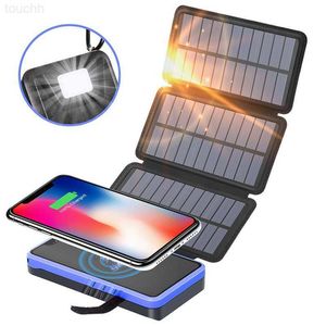 Mobiltelefon Power Banks 20000MAH Solar Power Bank Fast Qi Wireless Charger för iPhone 13 X Samsung Xiaomi PowerBank med 3 Solar Panel LED Camping Light L230728