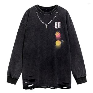 Men's Hoodies Long Sleeve T-shirt Washed Cotton Retro Loose Distressed American Ripped High Street Necklace Couple's Tops Spring Autumn